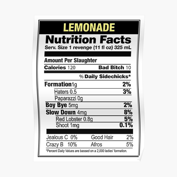 Beyonce Lemonade Nutrition Facts Poster RB1807 product Offical beyonce Merch